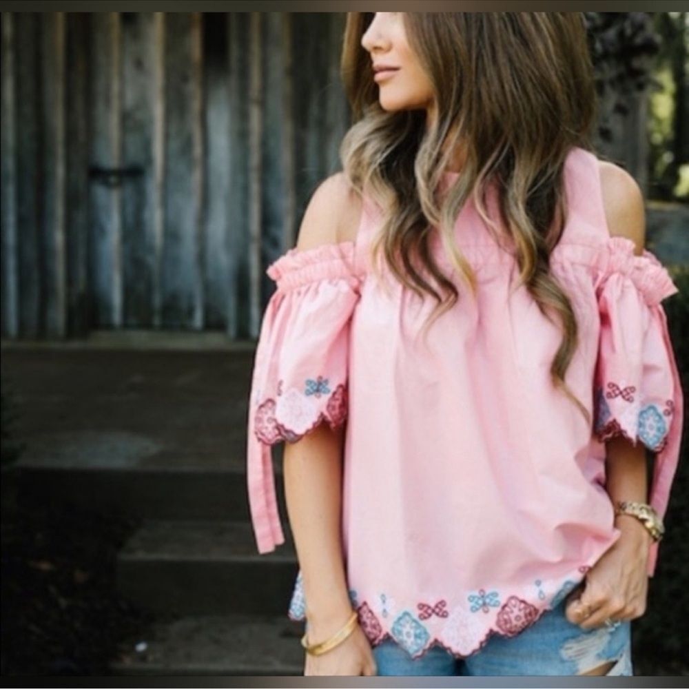 LOFT Ann Taylor Pink 100% Cotton Cold Shoulder Embroidered Peasant Top SZ M NWOT